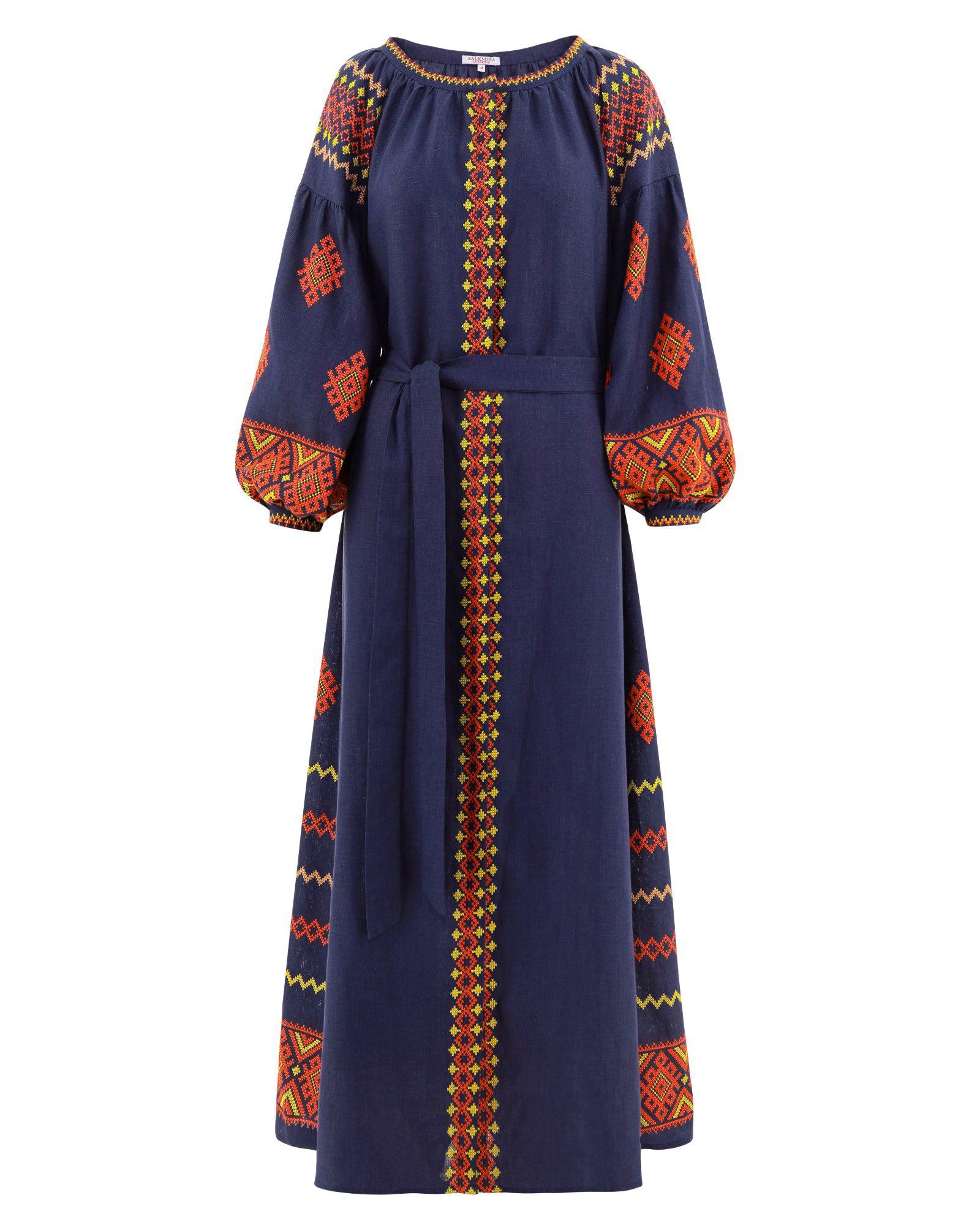 Rhapsody Blue Hand Embroidered Linen Maxi Dress | ZALXNDRA