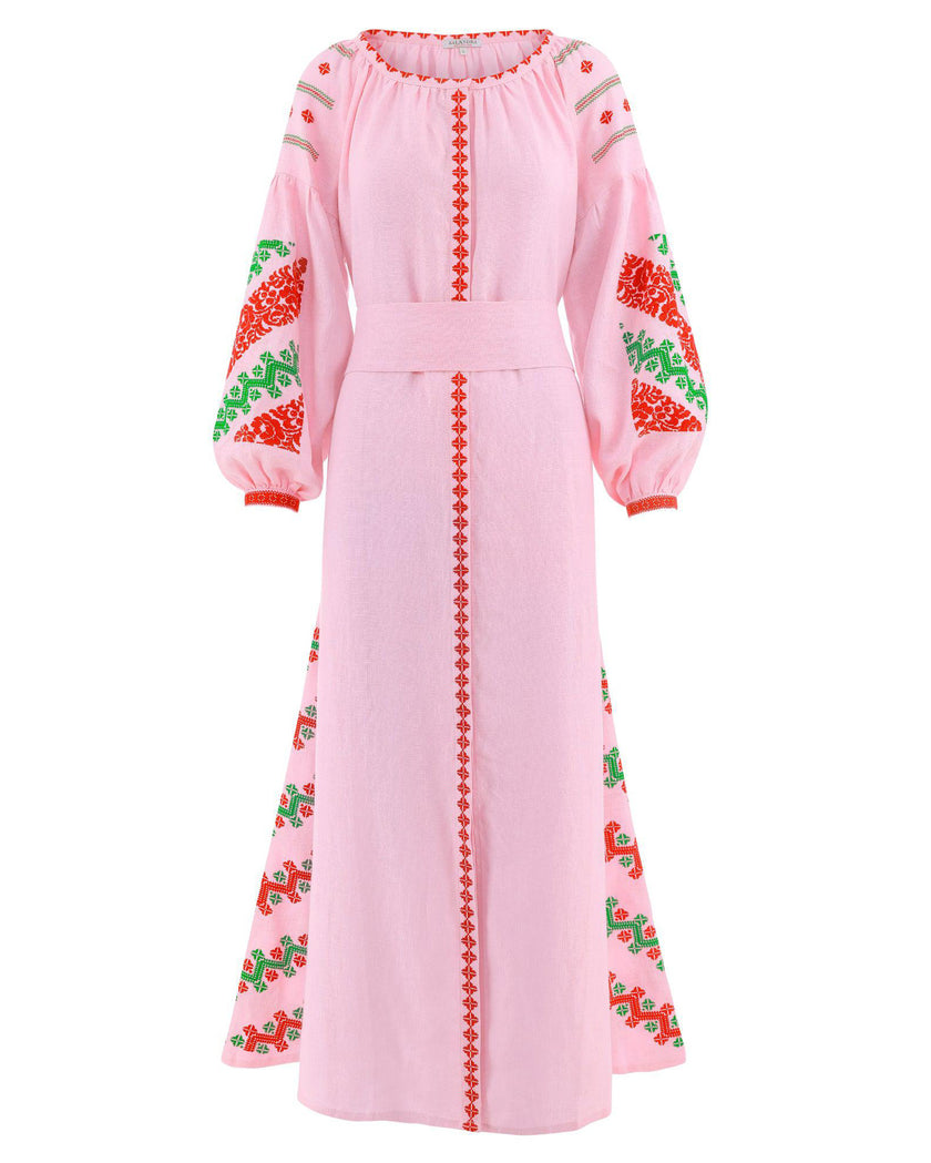 Light Pink Hand Embroidered Linen Maxi Dress | ZALXNDRA