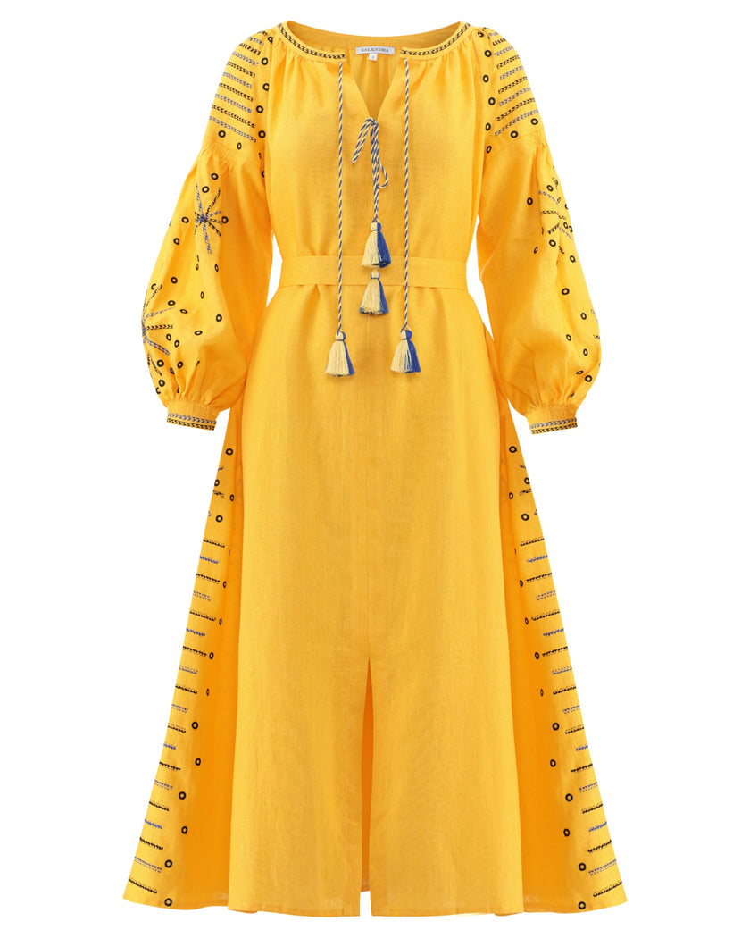 Saffron Yellow Embroidered Linen Maxi Dress | ZALXNDRA