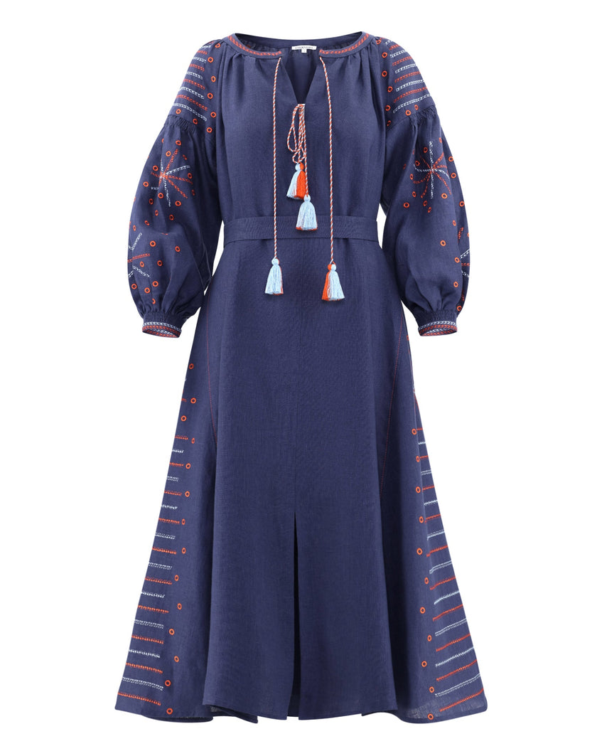 Rhapsody Blue Embroidered Linen Maxi Dress | ZALXNDRA