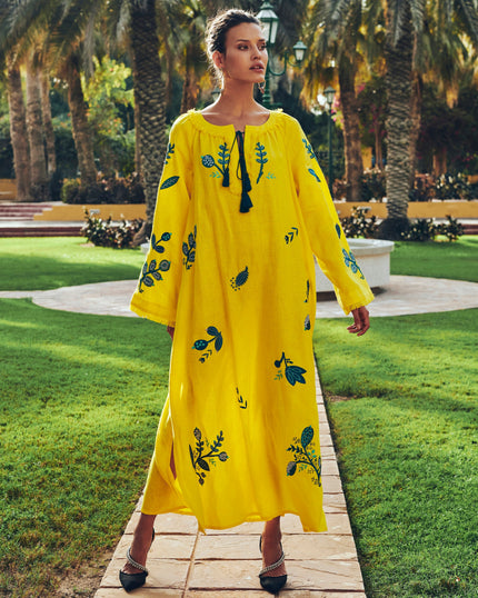 Lemon Yellow Teal Floral Embroidered Linen Kaftan Maxi Dress