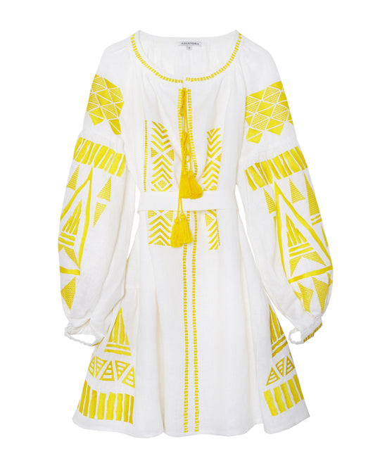 White Yellow Geometric Embroidered Linen Mini Kaftan Dress