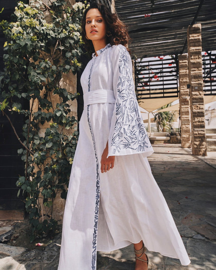 White Embroidered Linen Maxi Dress | ZALXNDRA