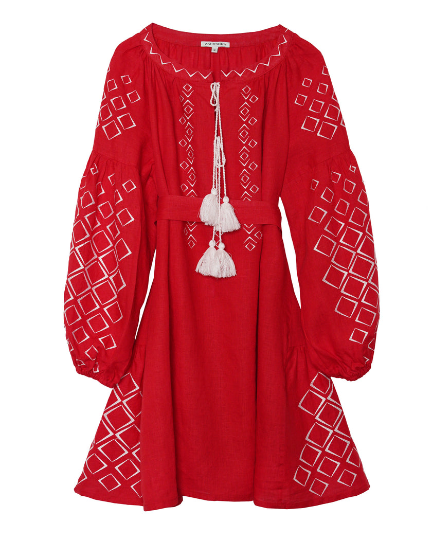 Scarlet Red Embroidered Linen Mini Dress | ZALXNDRA