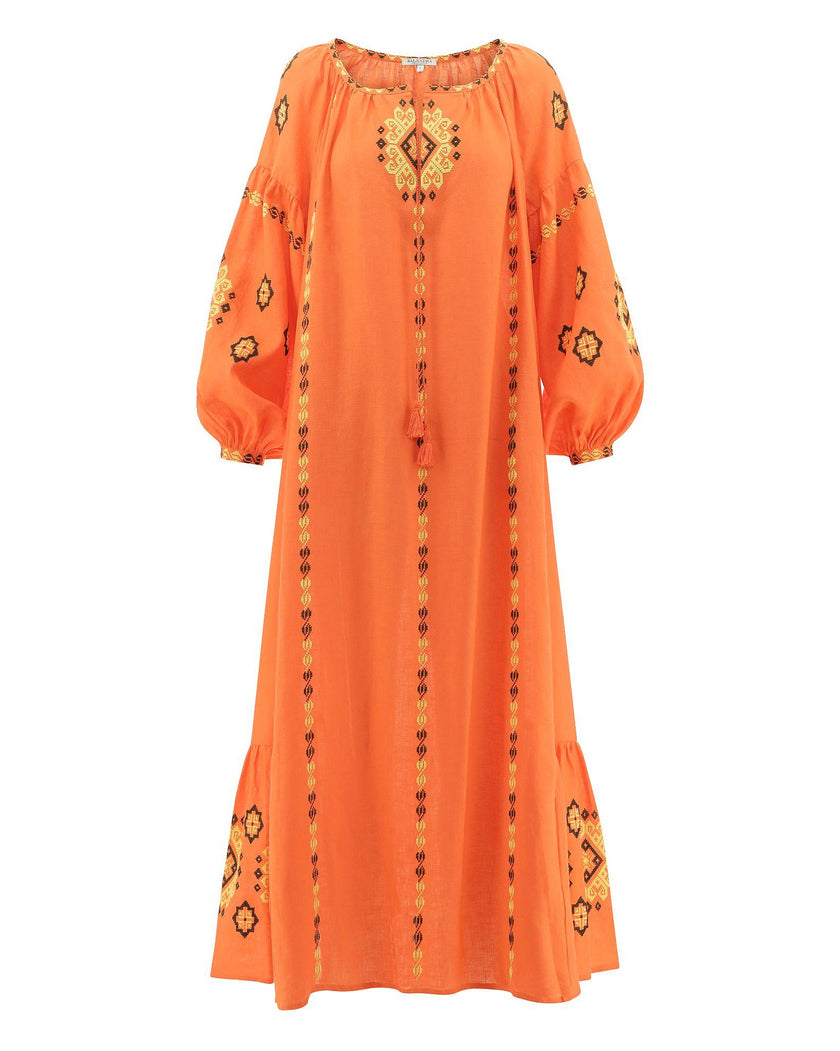 Pumpkin Orange Hand Embroidered Linen Maxi Dress | ZALXNDRA