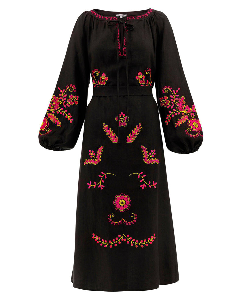 Black Embroidered Linen Maxi Dress | ZALXNDRA