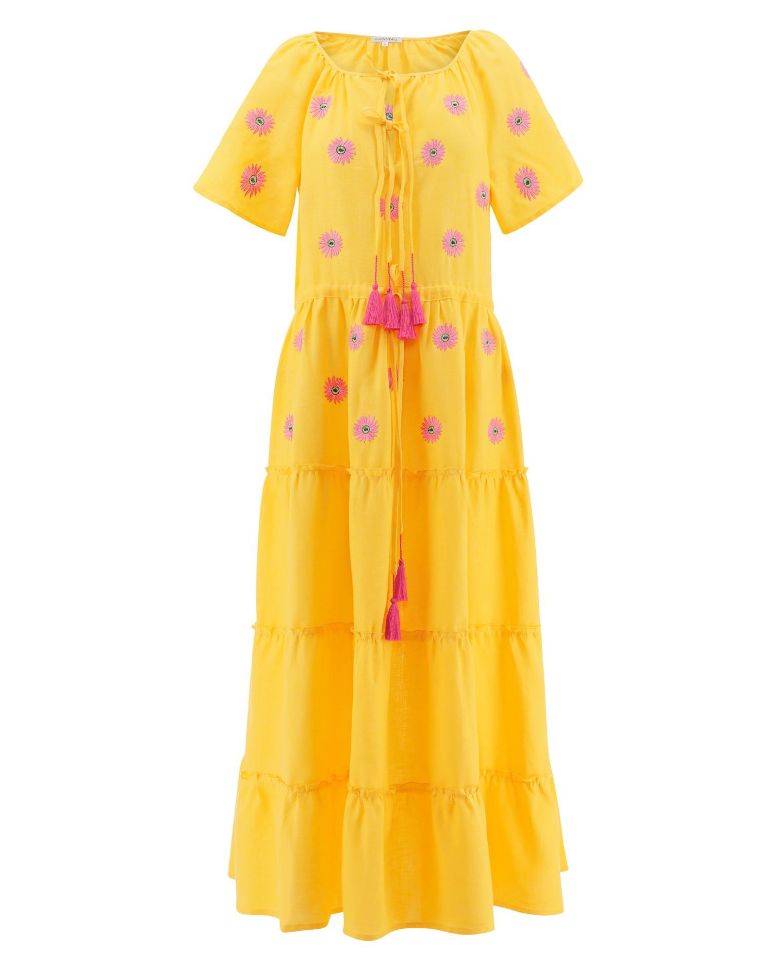 Saffron Yellow Embroidered Linen Maxi Dress | ZALXNDRA