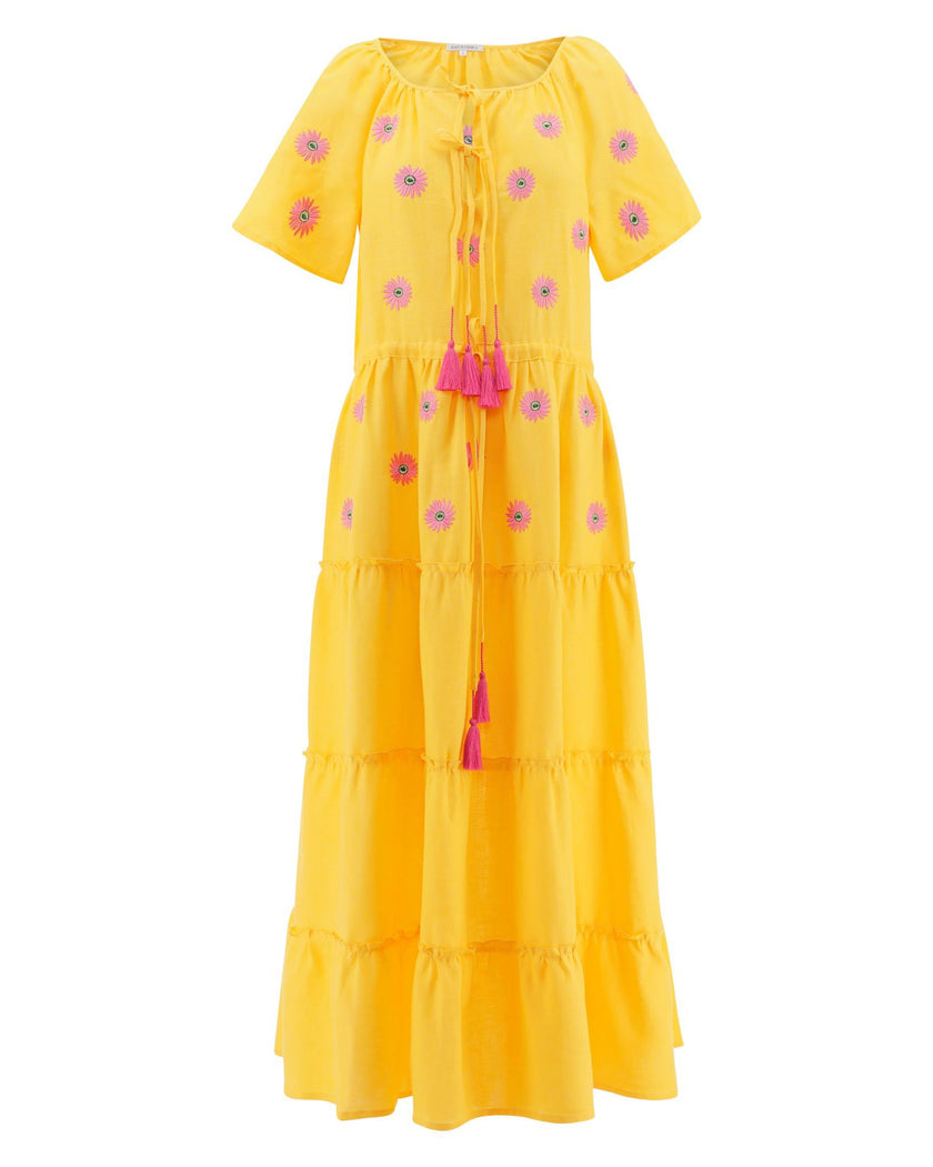 Saffron Yellow Embroidered Linen Maxi Dress | ZALXNDRA