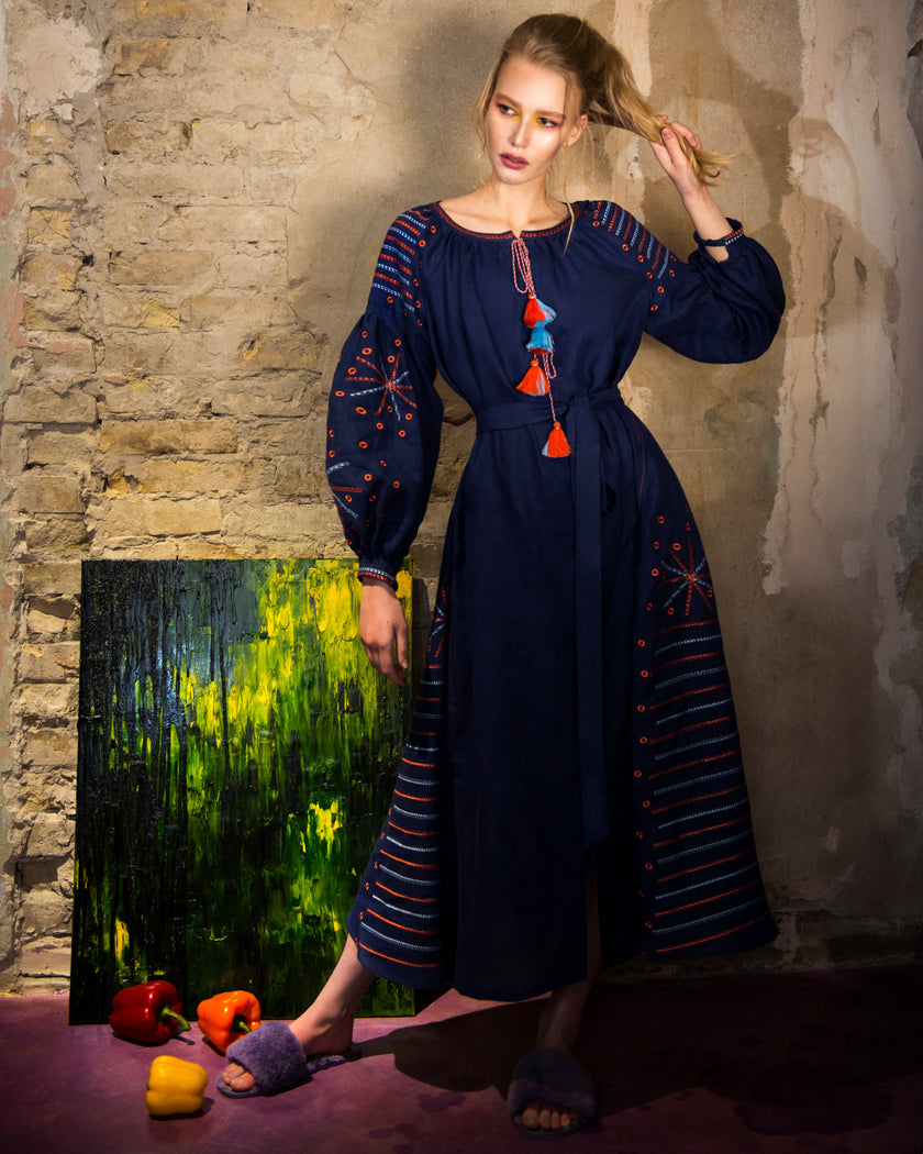 Rhapsody Blue Embroidered Linen Maxi Dress | ZALXNDRA