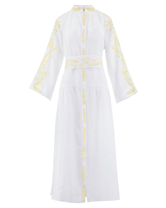 White and Yellow Embroidered Linen Maxi Dress with Stand Collar and Angel Sleeves