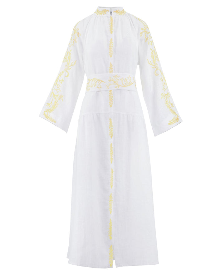 White and Yellow Embroidered Linen Maxi Dress with Stand Collar and Angel Sleeves