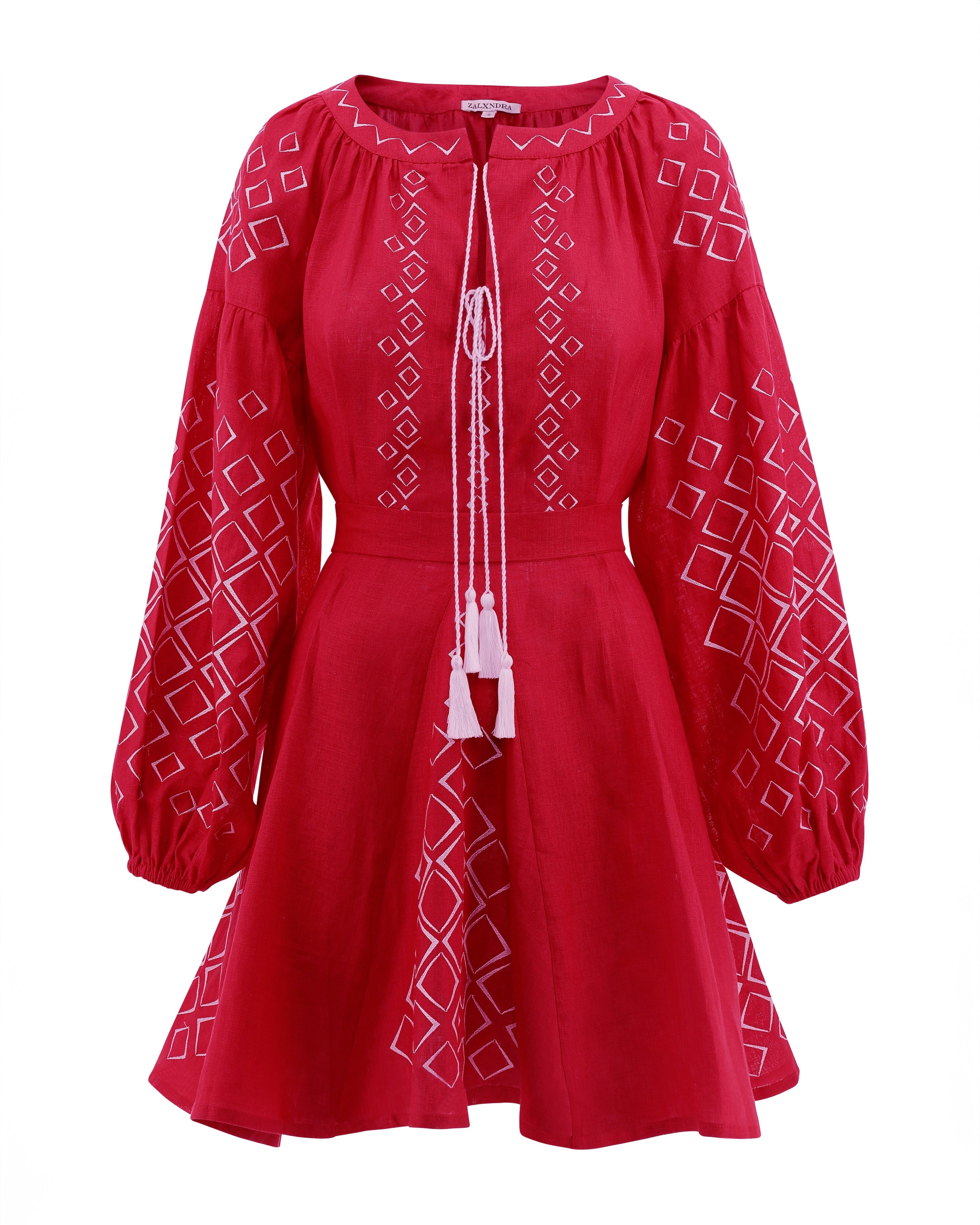 Scarlet Red Embroidered Linen Mini Dress | ZALXNDRA