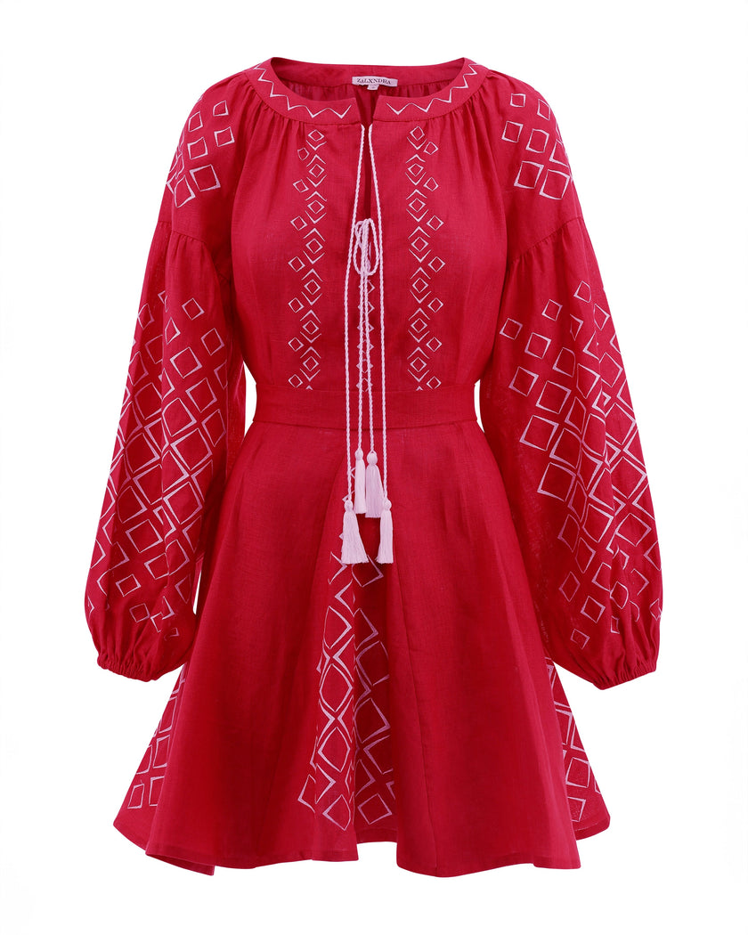 Scarlet Red Embroidered Linen Mini Dress | ZALXNDRA