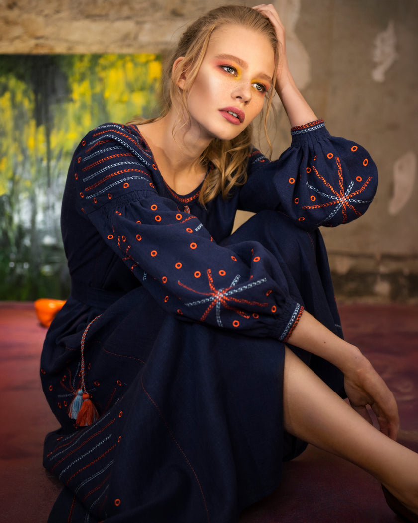 Rhapsody Blue Embroidered Linen Maxi Dress | ZALXNDRA