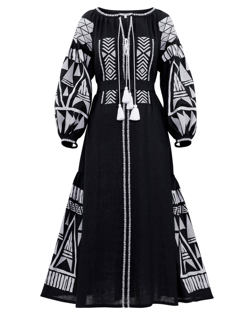 Black Embroidered Linen Maxi Dress | ZALXNDRA