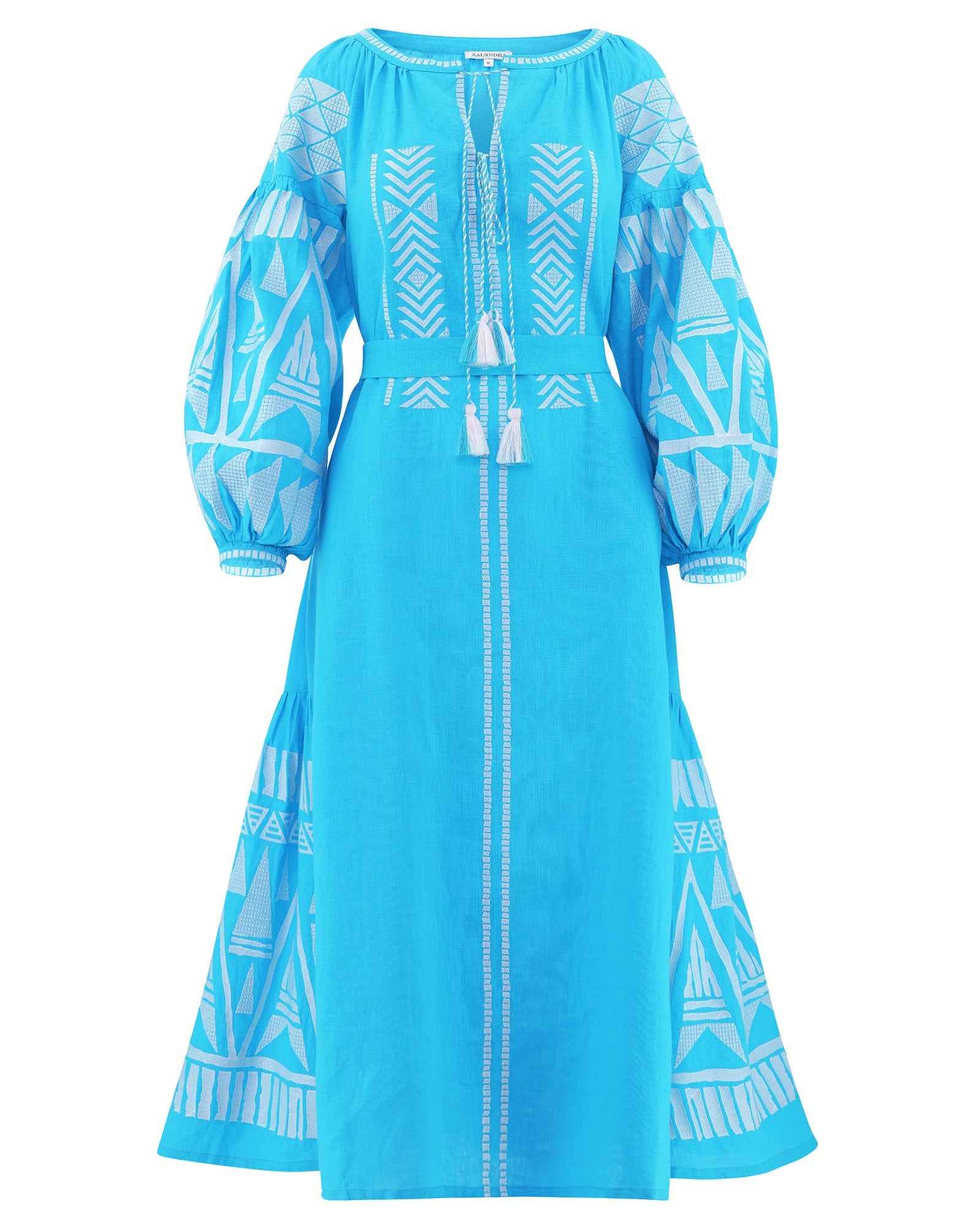 Turquoise Embroidered Linen Maxi Dress | ZALXNDRA