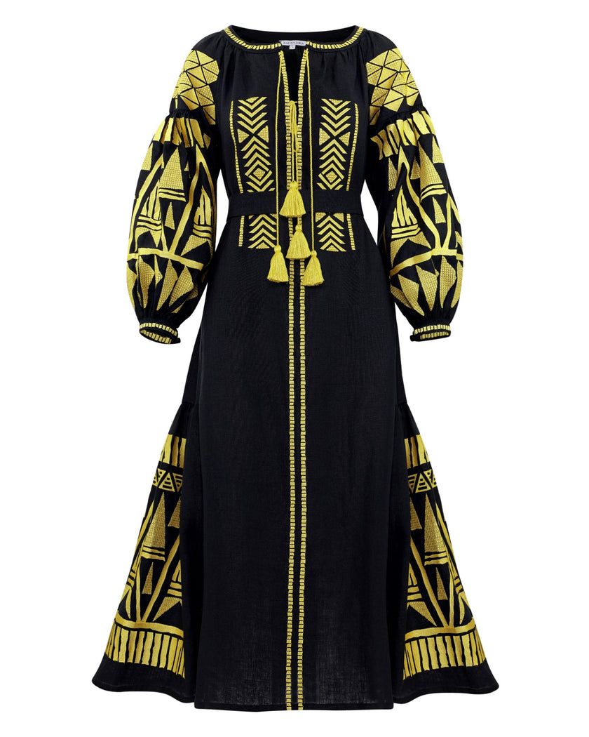 Black Embroidered Linen Maxi Dress – Balloon Sleeves | ZALXNDRA