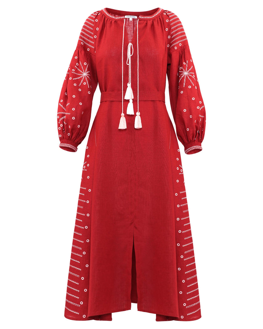 Cherry Red Embroidered Linen Maxi Dress | ZALXNDRA