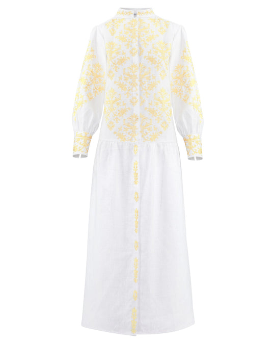 White and Yellow Damask Embroidered Linen Maxi Dress with Stand Collar