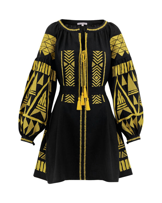 Black Yellow Geometric Embroidered Linen Mini Kaftan Dress