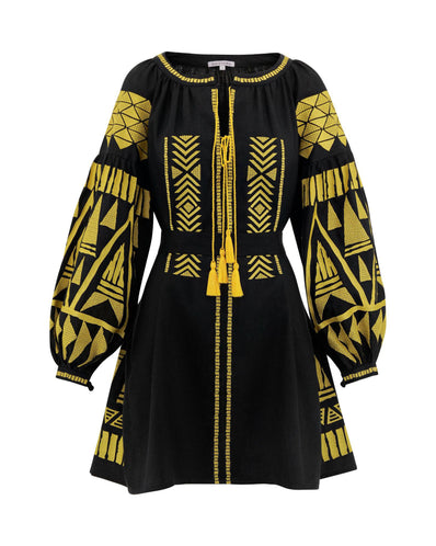 Black Embroidered Linen Mini Dress – Balloon Sleeves | ZALXNDRA