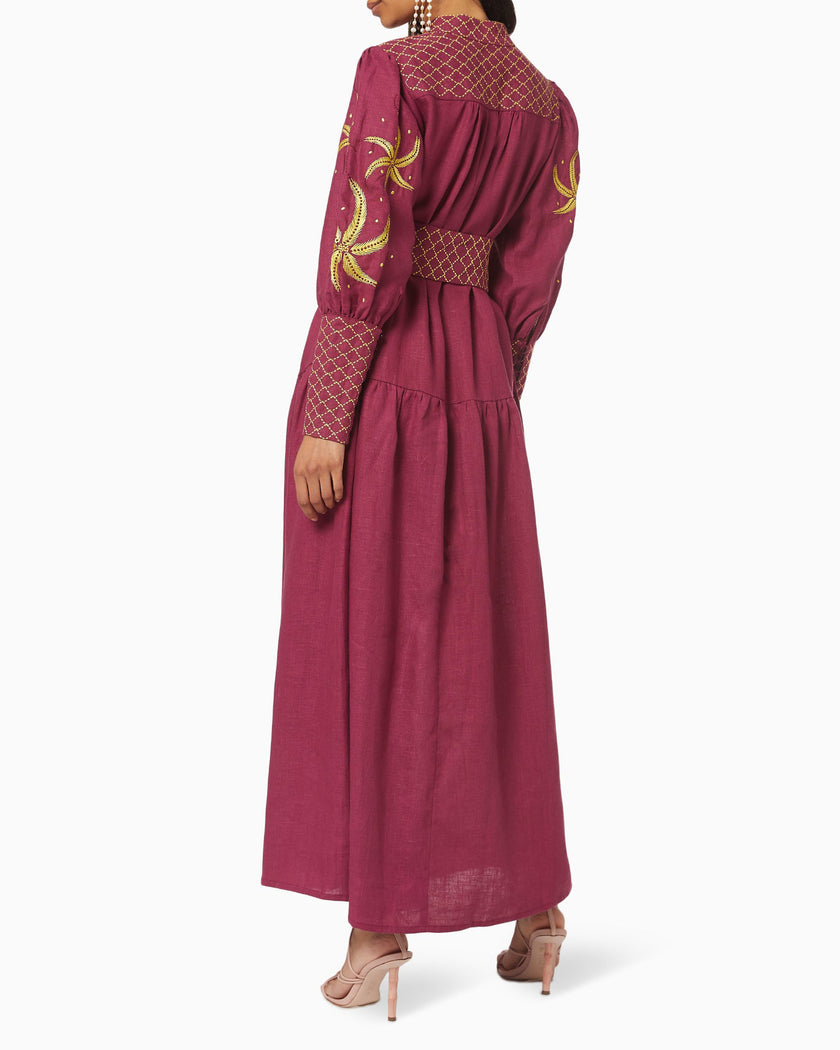 Bordeaux Embroidered Linen Maxi Dress | ZALXNDRA