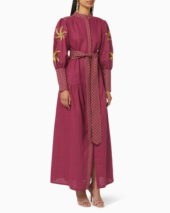 Bordeaux Embroidered Linen Maxi Dress | ZALXNDRA