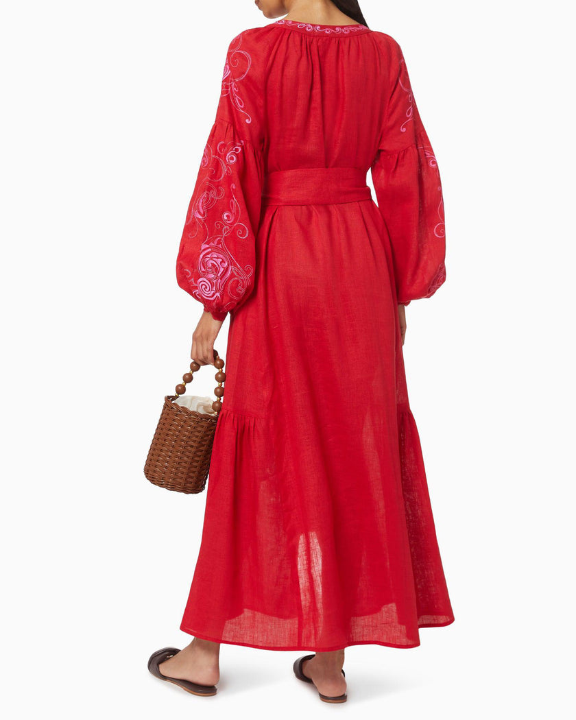 Scarlet Red Embroidered Linen Maxi Dress | ZALXNDRA