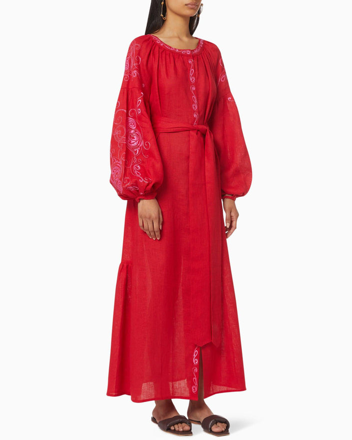 Scarlet Red and Pink Embroidered Linen Kaftan Maxi Dress with Balloon Sleeves