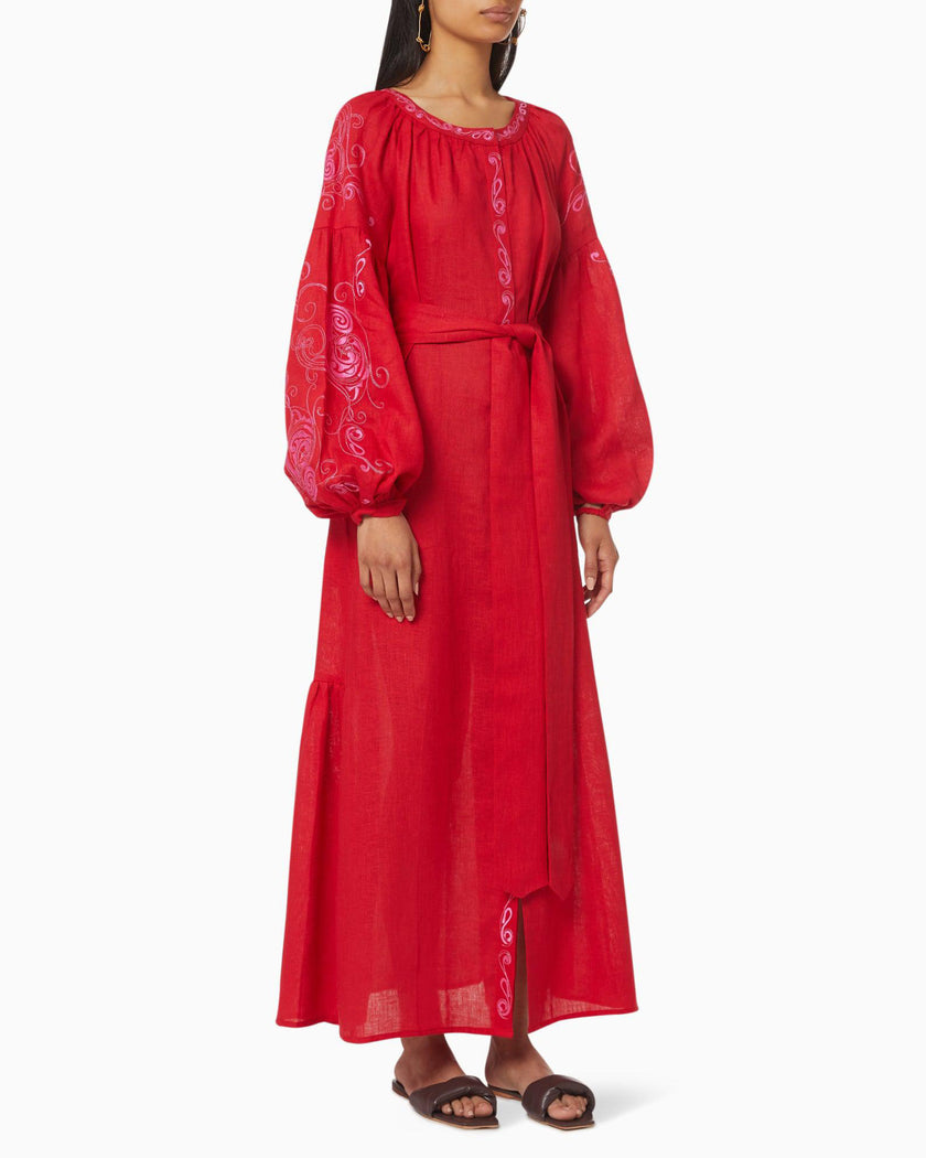 Scarlet Red Embroidered Linen Maxi Dress | ZALXNDRA