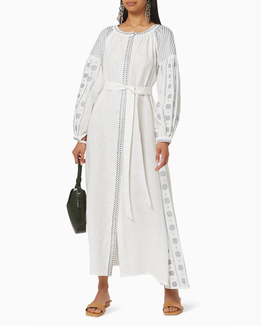 White Embroidered Linen Maxi Dress | ZALXNDRA