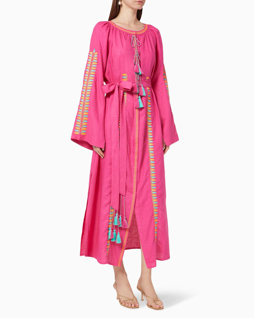 Fuchsia Embroidered Linen Maxi Dress | ZALXNDRA