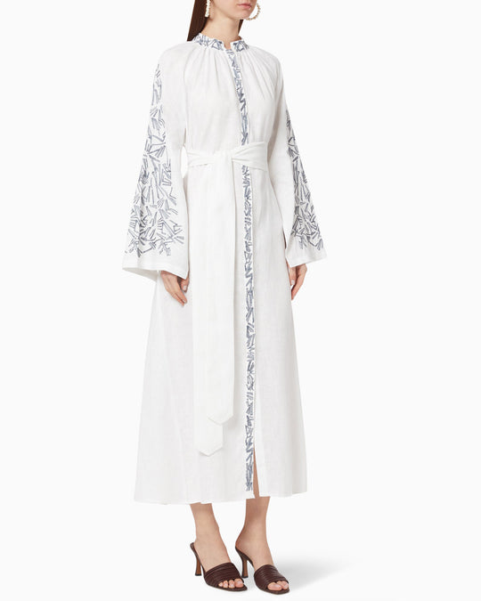 White and Slate Embroidered Linen Kaftan Maxi Dress
