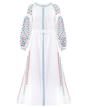 White Embroidered Linen Maxi Dress – Balloon Sleeves | ZALXNDRA