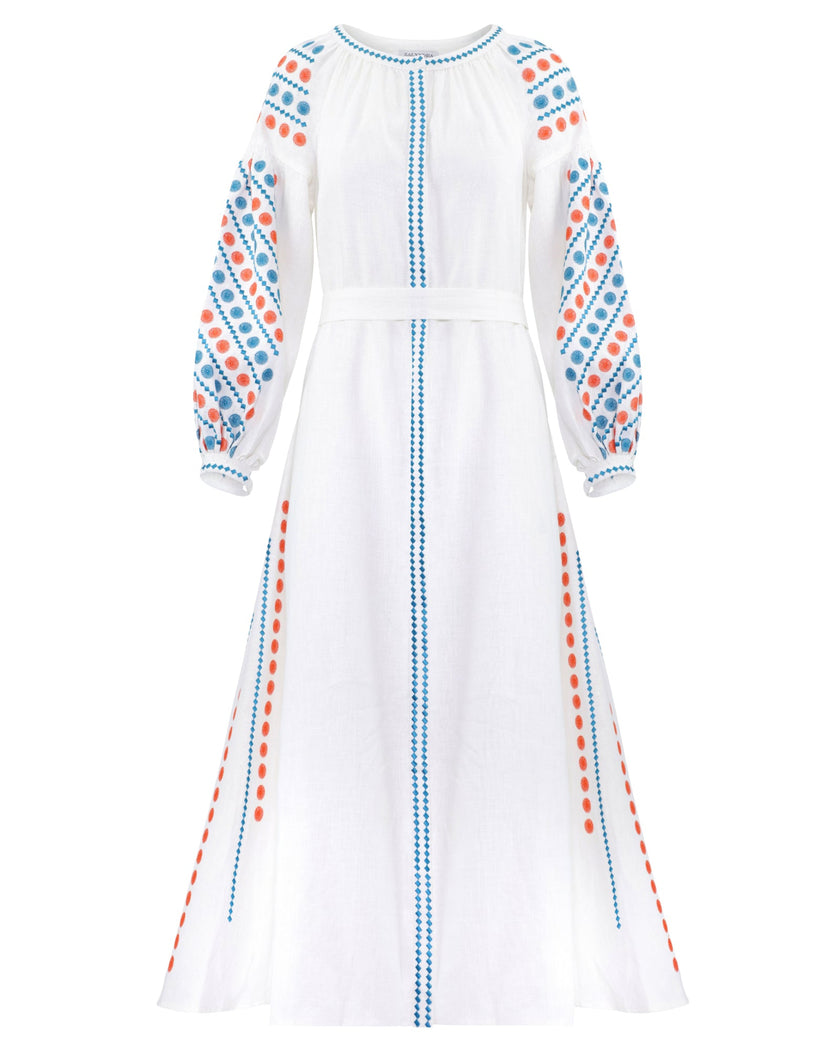 White Embroidered Linen Maxi Dress | ZALXNDRA