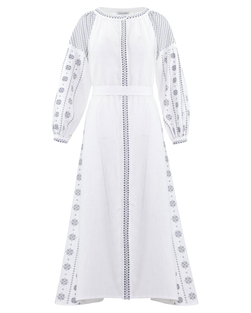 White Embroidered Linen Maxi Dress | ZALXNDRA
