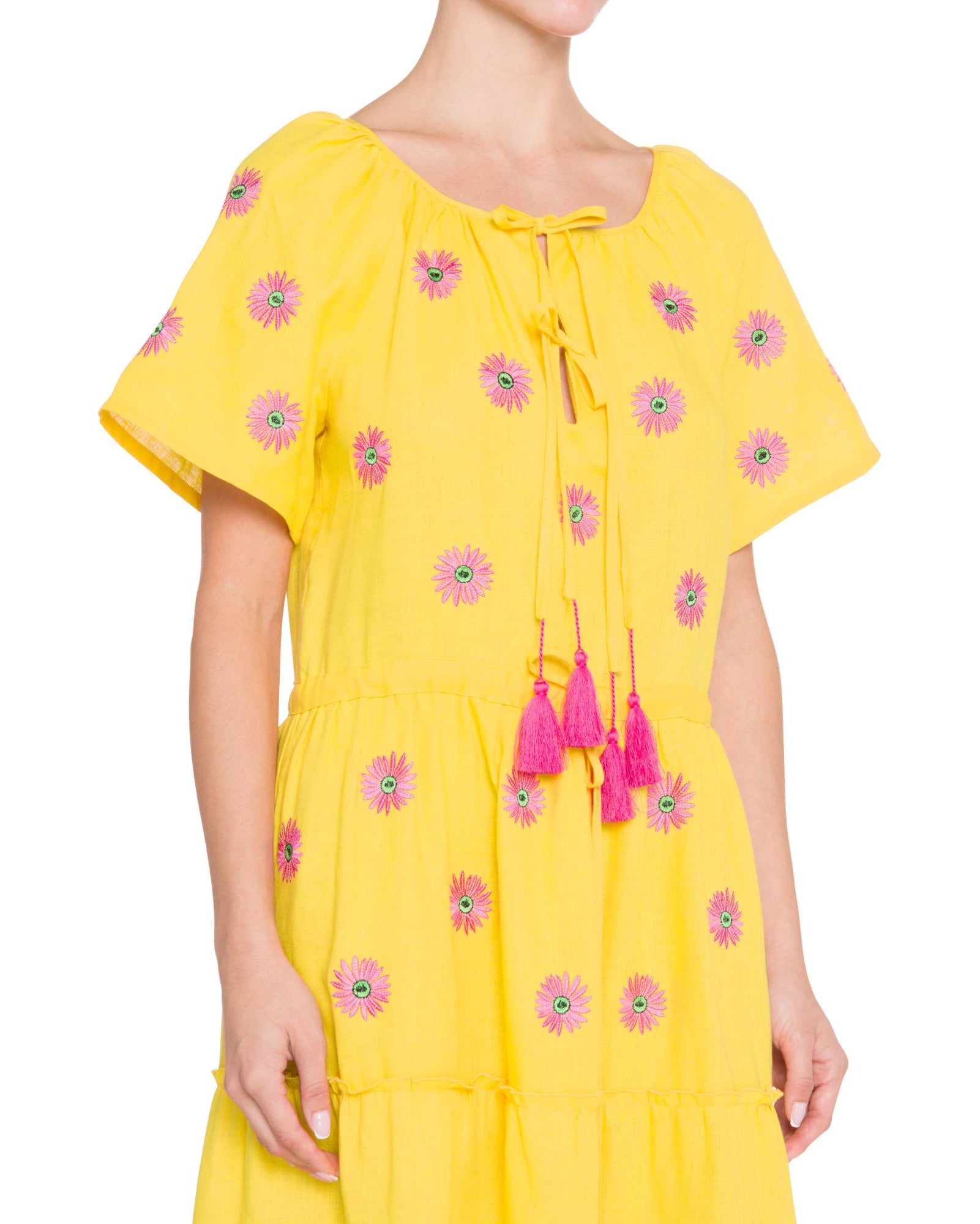 Saffron Yellow Embroidered Linen Maxi Dress | ZALXNDRA