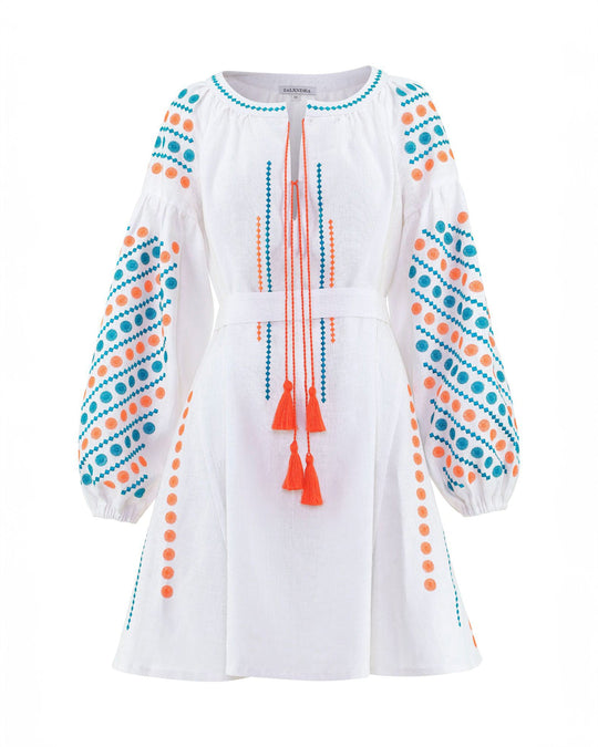 White Turquoise Orange Geometric Embroidered Linen Mini Kaftan Dress