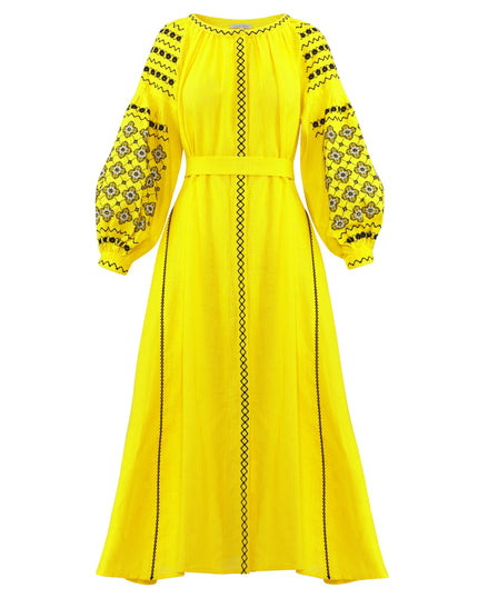 Lemon Yellow Embroidered Linen Maxi Dress – Balloon Sleeves