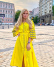 Lemon Yellow Embroidered Linen Maxi Dress | ZALXNDRA