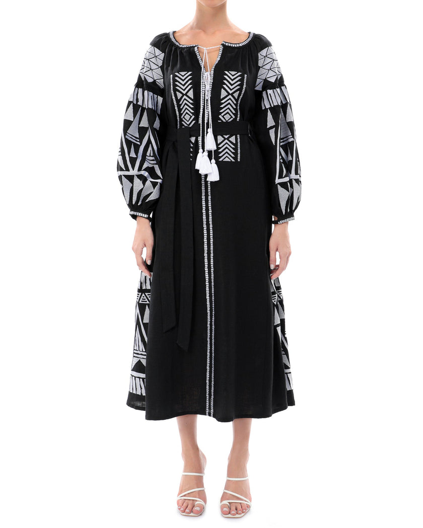 Black Embroidered Linen Maxi Dress | ZALXNDRA