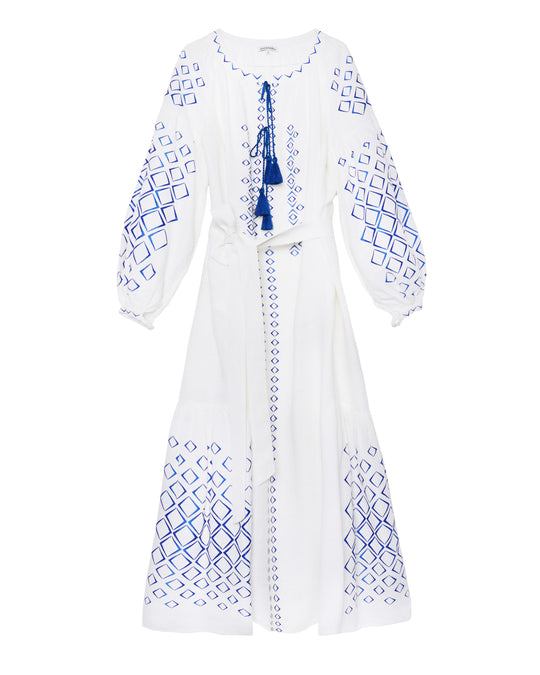 White Blue Geometric Embroidered Linen Kaftan Maxi Dress