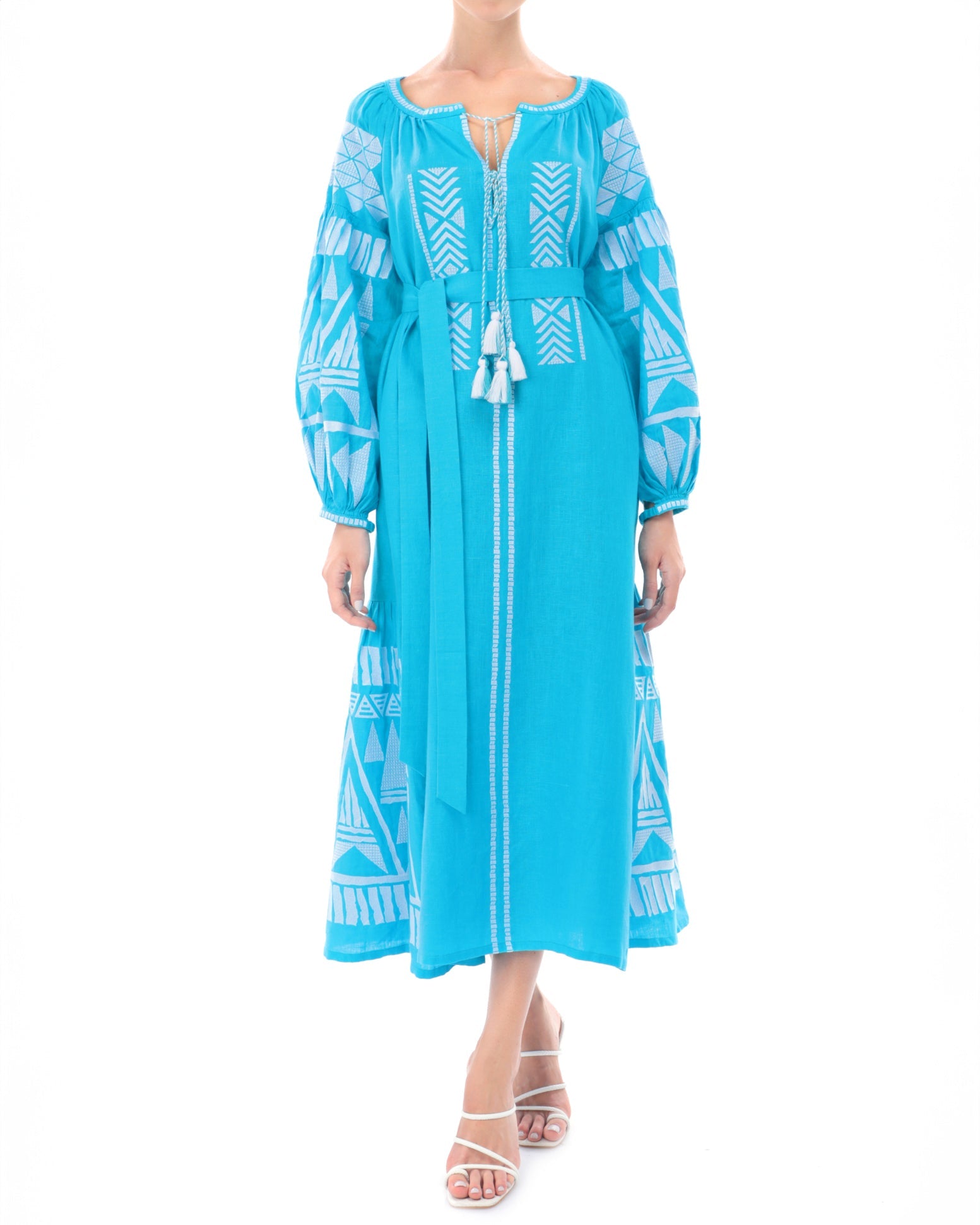 Turquoise Embroidered Linen Maxi Dress | ZALXNDRA