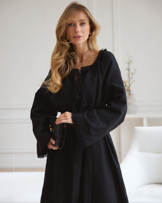 Black Tonal Floral Embroidered Linen Kaftan Maxi Dress with Angel Sleeves