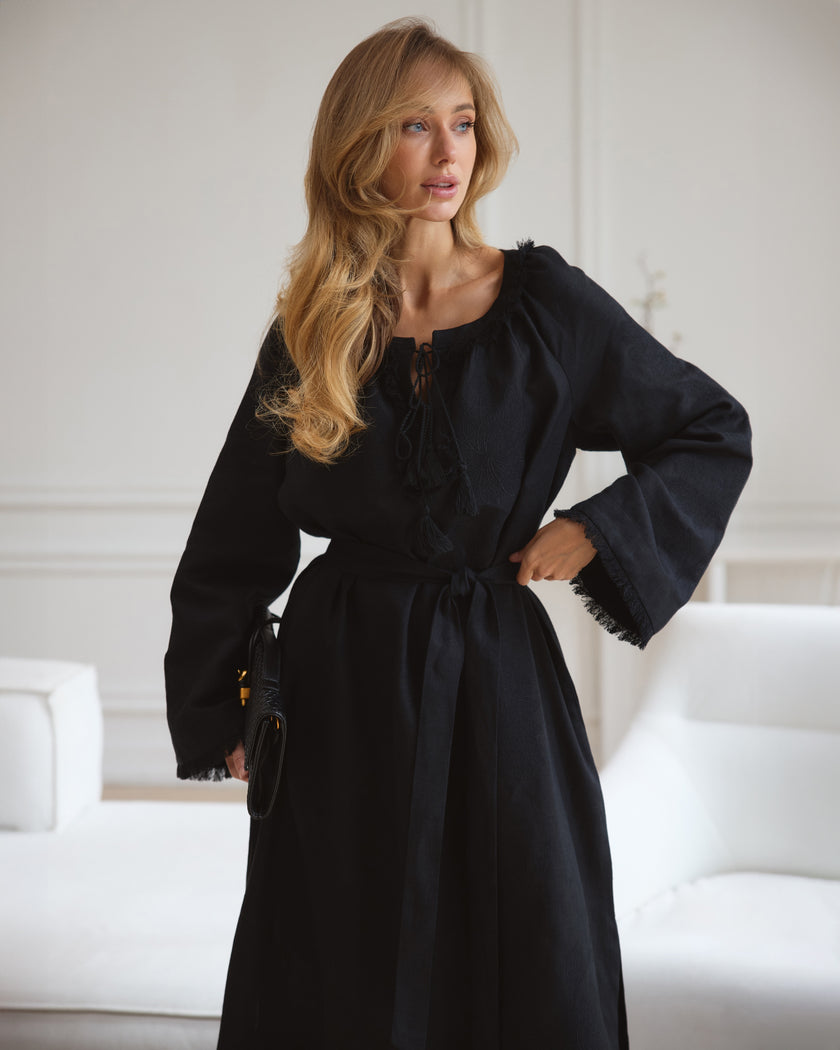 Black Embroidered Linen Maxi Dress | ZALXNDRA