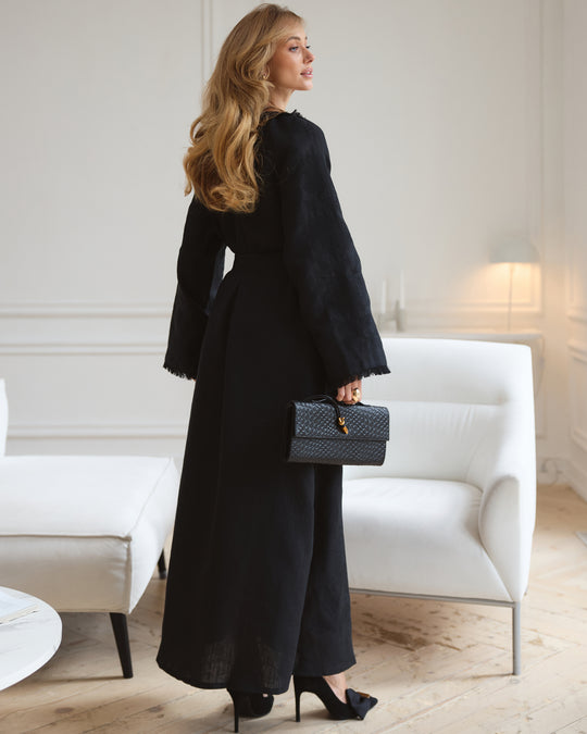 Black Tonal Floral Embroidered Linen Kaftan Maxi Dress with Angel Sleeves