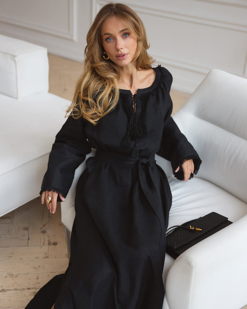 Black Embroidered Linen Maxi Dress | ZALXNDRA