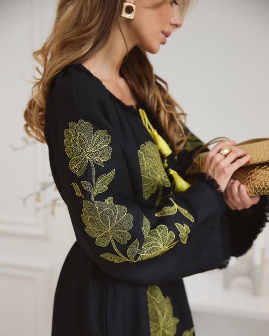 Black and Gold Floral Embroidered Linen Kaftan Maxi Dress with Angel Sleeves