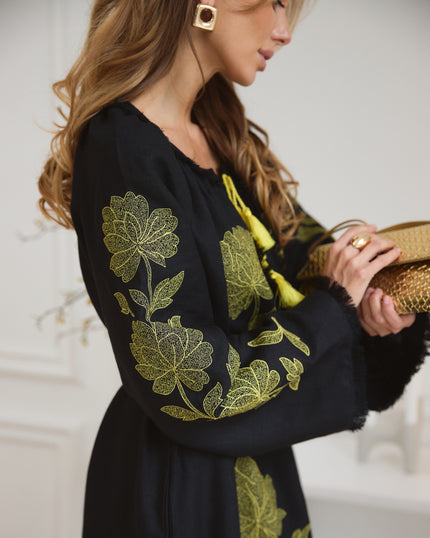 Black Embroidered Linen Maxi Dress | ZALXNDRA