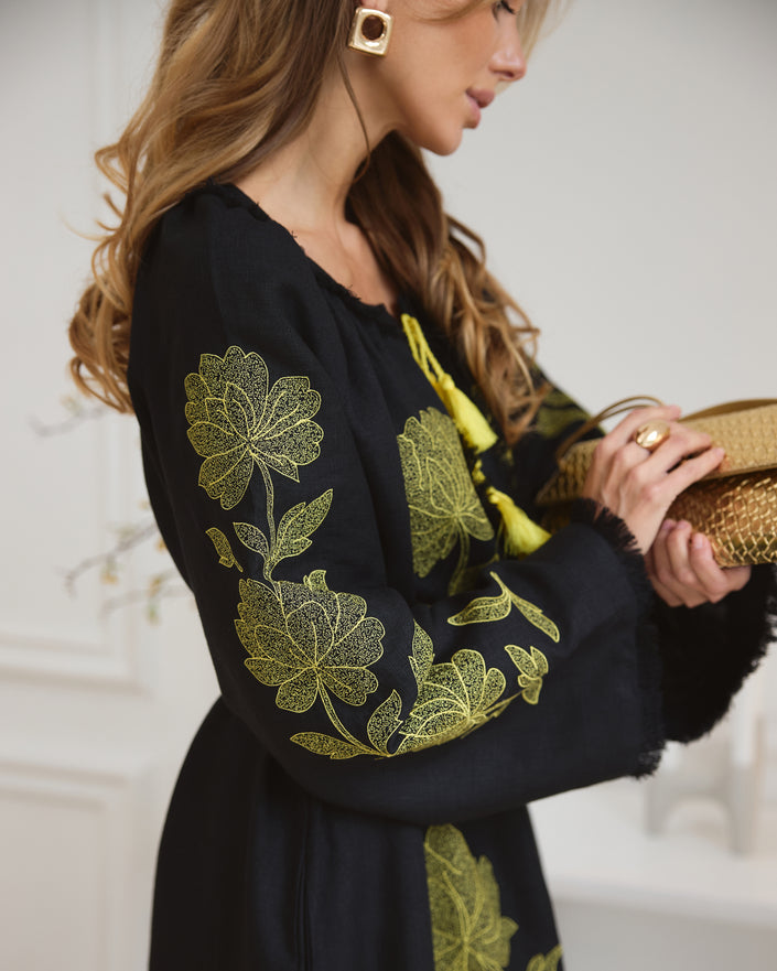 Black Embroidered Linen Maxi Dress | ZALXNDRA